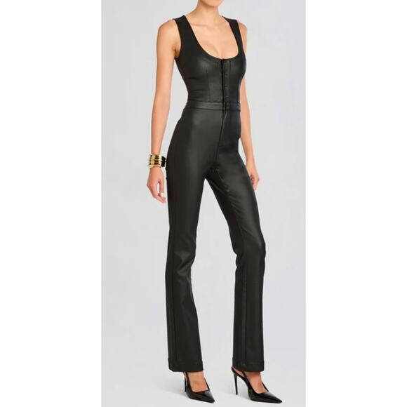Retrofete Mckinnon Black Coated Denim Jumpsuit Plunge Flare Leg XL NWT - Picture 1 of 11
